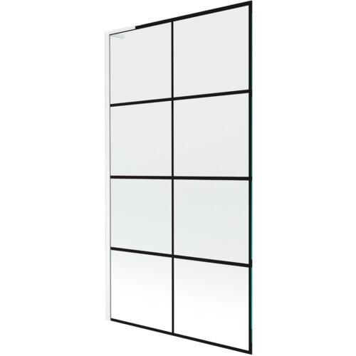 Parawan nawannowy o wymiarach 100 x 150 cm z czarną kratką i białą ramą, składający się z jednego skrzydła. Produkt ma prostokątny kształt z podziałem na osiem równych sekcji.