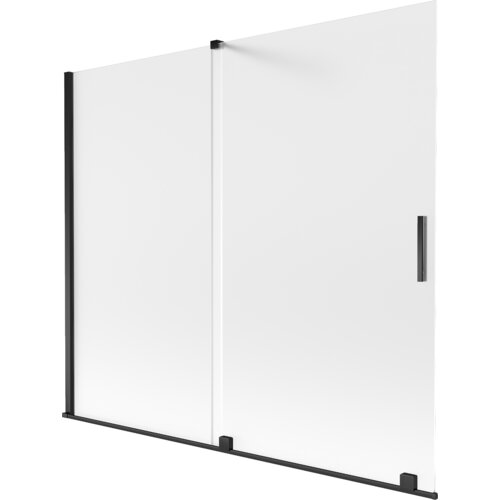 Dwuskrzydłowy, rozsuwany parawan nawannowy o wymiarach 180 x 150 cm, wykonany z matowego szkła z czarnymi elementami wykończenia. Produkt posiada prostokątny uchwyt na jednym ze skrzydeł.