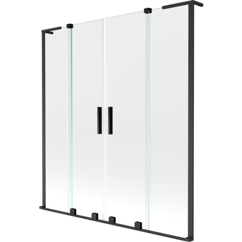 Przesłane zdjęcie przedstawia przezroczysty, dwuskrzydłowy parawan nawannowy z czarnymi ramami i uchwytami. Produkt ma prosty, nowoczesny design z czterema pionowymi panelami.
