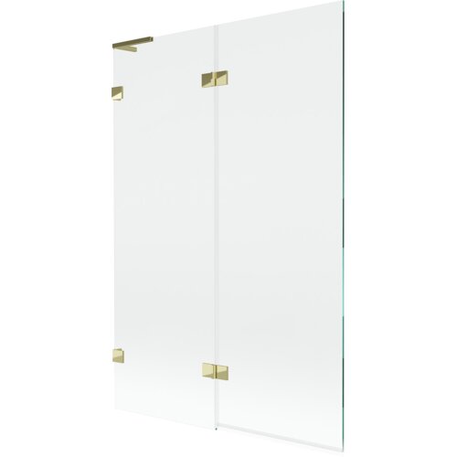 Przezroczysty, dwuskrzydłowy parawan nawannowy z elementami w złotym kolorze, wykonany z gładkiego szkła. Produkt ma minimalistyczny design z prostymi liniami i złotymi zawiasami.