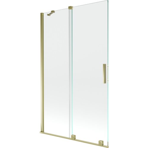 Dwuskrzydłowy, rozsuwany parawan nawannowy o wymiarach 110 x 150 cm, wykonany z transparentnego szkła, z elementami w kolorze złotym. Produkt posiada prostokątną, złotą rączkę oraz złote okucia.