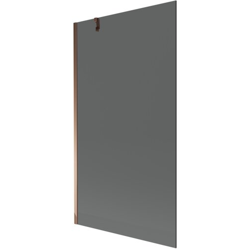 Szklany parawan nawannowy o wymiarach 100 x 150 cm w kolorze grafitowym z elementami w odcieniu różowego złota. Produkt ma prostokątny kształt i metalowe mocowanie.