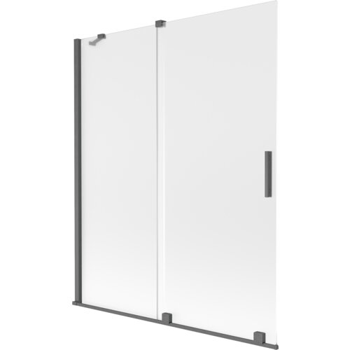 Dwuskrzydłowy, rozsuwany parawan nawannowy o wymiarach 140 x 150 cm, wykonany z matowego szkła z szarymi, szczotkowanymi elementami. Produkt ma prostokątny kształt i metalowe uchwyty.