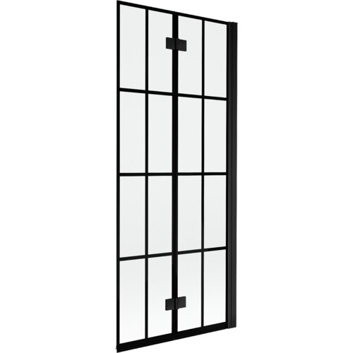 Dwuskrzydłowy parawan nawannowy z czarną kratką, wykonany ze szkła, z czarnymi metalowymi elementami konstrukcyjnymi. Produkt ma prostokątny kształt i minimalistyczny design.