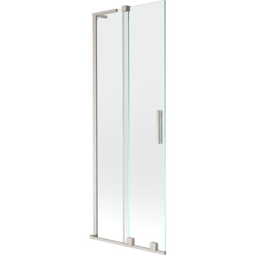 Dwuskrzydłowy, rozsuwany parawan nawannowy o wymiarach 70 x 150 cm, wykonany z przezroczystego szkła i wykończony w niklu szczotkowanym. Produkt posiada prostokątną, metalową rączkę oraz solidną ramę.