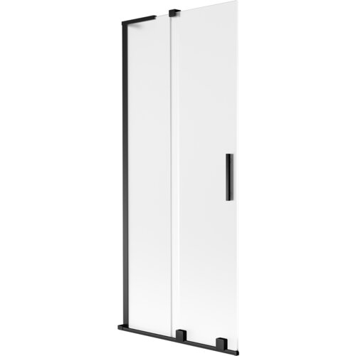 Dwuskrzydłowy, rozsuwany parawan nawannowy o wymiarach 80 x 150 cm, wykonany z matowego szkła z czarnymi elementami konstrukcyjnymi. Produkt posiada prostokątny uchwyt oraz czarne mocowania na górze i dole.