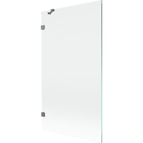 Przezroczysty parawan nawannowy z jednym skrzydłem, wykonany z materiału w kolorze gun metal, z widocznymi metalowymi zawiasami. Produkt ma wymiary 100 x 150 cm.