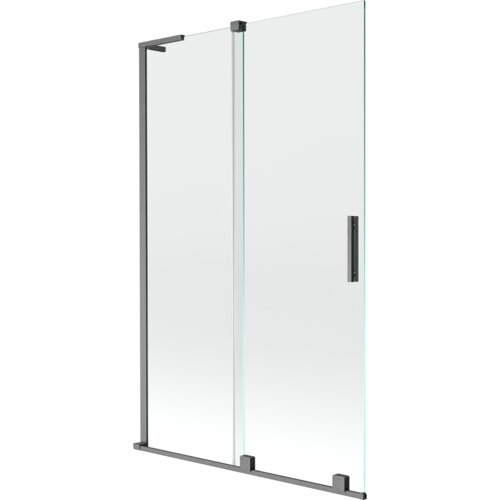 Przesłane zdjęcie przedstawia dwuskrzydłowy, rozsuwany parawan nawannowy o wymiarach 110 x 150 cm, wykonany z przezroczystego szkła z elementami w kolorze gun gray szczotkowanym. Produkt ma prostokątny kształt z metalowymi uchwytami i ramą.