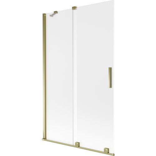 Dwuskrzydłowy parawan nawannowy o wymiarach 110 x 150 cm, wykonany z matowego szkła z złotymi elementami wykończenia, w tym uchwytami i ramą. Produkt ma elegancki, nowoczesny wygląd.