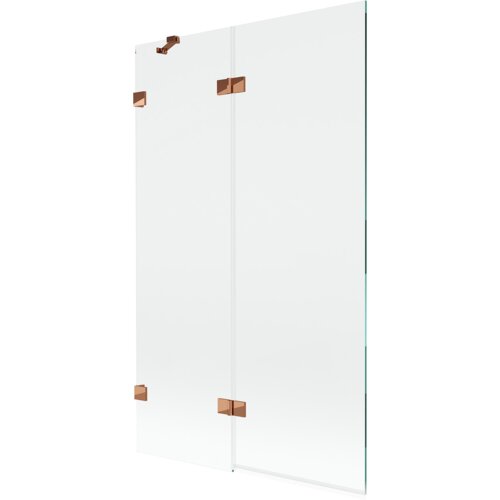 Dwuskrzydłowy parawan nawannowy o transparentnej powierzchni z elementami w kolorze różowego złota. Produkt ma prosty, nowoczesny design z widocznymi metalowymi zawiasami.