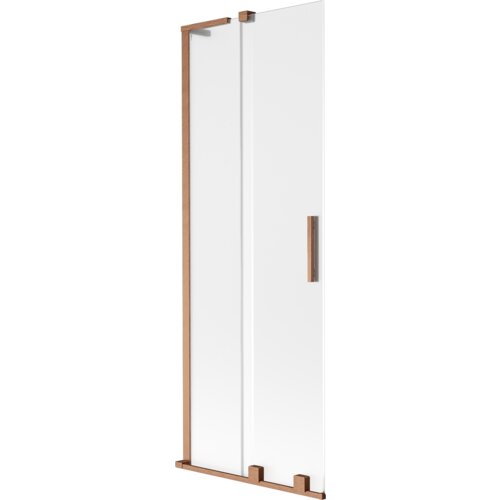 Dwuskrzydłowy, rozsuwany parawan nawannowy o wymiarach 75 x 150 cm, wykonany z przezroczystego szkła z efektem szronu, z elementami w kolorze miedzi szczotkowanej. Produkt posiada prostokątną, pionową rączkę oraz metalowe elementy mocujące.