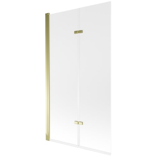 Dwuskrzydłowy parawan nawannowy o wymiarach 100 x 150 cm z matowym wykończeniem i złotymi elementami mocującymi. Produkt ma prostą, elegancką konstrukcję z przezroczystymi panelami.