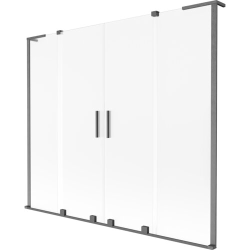 Na zdjęciu znajduje się dwuskrzydłowy, rozsuwany parawan nawannowy o wymiarach 200 x 150 cm, wykonany z przezroczystego szkła z szarymi, szczotkowanymi ramami. Parawan posiada dwa pionowe uchwyty umieszczone na środku.