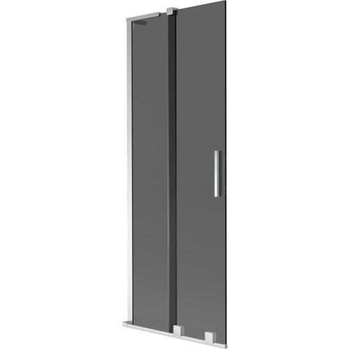 Dwuskrzydłowy, rozsuwany parawan nawannowy w kolorze grafitowym z chromowanymi elementami, posiada prostokątną, metalową rączkę. Produkt ma minimalistyczny design i jest wykonany z przezroczystego szkła.