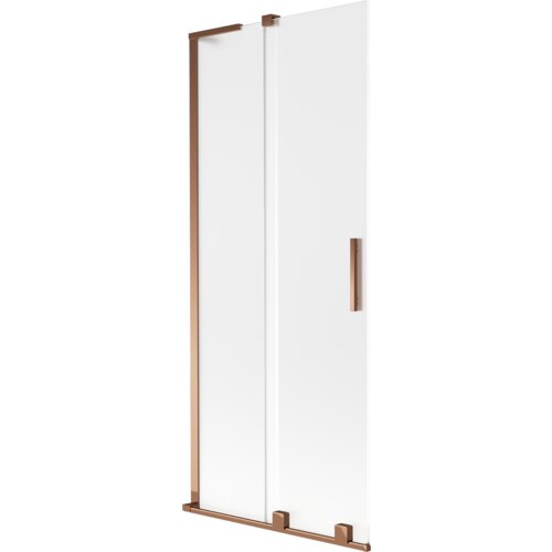 Dwuskrzydłowy parawan nawannowy o wymiarach 80 x 150 cm, wykonany z matowego szkła, z elementami w kolorze różowego złota. Produkt posiada prostokątny uchwyt i metalowe ramy.