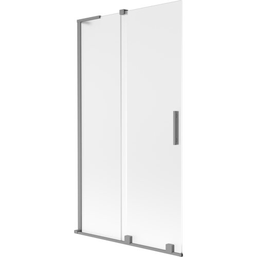Dwuskrzydłowy, rozsuwany parawan nawannowy o wymiarach 100 x 150 cm, wykonany z matowego szkła i wykończony w kolorze gun metal. Produkt posiada prostokątną, metalową rączkę oraz solidne mocowania.
