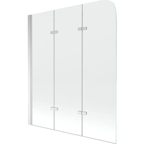 Przezroczysty, trójskrzydłowy parawan nawannowy o wymiarach 120 x 140 cm z chromowanymi elementami mocującymi. Produkt ma zaokrąglony górny róg i prosty, minimalistyczny design.