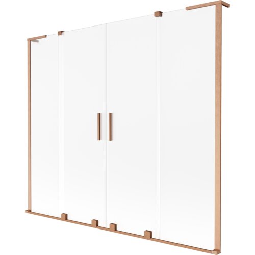 Na zdjęciu znajduje się dwuskrzydłowy, rozsuwany parawan nawannowy o wymiarach 200 x 150 cm, wykonany z mrożonego szkła i wykończony w kolorze szczotkowanej miedzi. Parawan posiada dwa pionowe uchwyty w kolorze miedzi.