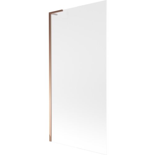 Przedstawiony jest parawan nawannowy o wymiarach 90 x 150 cm, z przezroczystym szkłem i ramą w kolorze różowego złota. Produkt ma prosty, nowoczesny design z jednoskrzydłową konstrukcją.