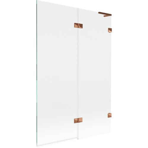 Przezroczysty parawan nawannowy z dwoma skrzydłami, wykonany ze szkła, z elementami w kolorze różowego złota. Produkt ma minimalistyczny design z prostymi liniami i metalowymi zawiasami.