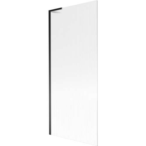 Przedstawiony jest parawan nawannowy o wymiarach 80 x 150 cm z czarną ramą i pionowymi prążkami na powierzchni szkła. Produkt ma minimalistyczny design i jest jednoskrzydłowy.