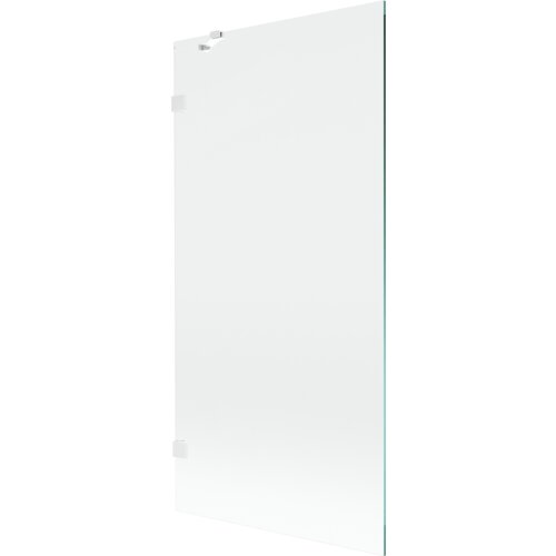 Przedstawiony jest przezroczysty, jednoskrzydłowy parawan nawannowy o wymiarach 90 x 150 cm z białymi elementami mocującymi. Produkt ma prosty, minimalistyczny design.