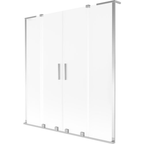 Przesuwany parawan nawannowy o wymiarach 150 x 150 cm, wykonany z przezroczystego szkła z matowym wykończeniem i chromowanymi elementami. Produkt posiada dwa skrzydła oraz dwa pionowe uchwyty.