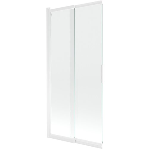 Przesuwany, dwuskrzydłowy parawan nawannowy o wymiarach 85 x 150 cm, wykonany z przezroczystego szkła i białych elementów konstrukcyjnych. Produkt ma prosty, nowoczesny design z widocznym uchwytem na jednym ze skrzydeł.