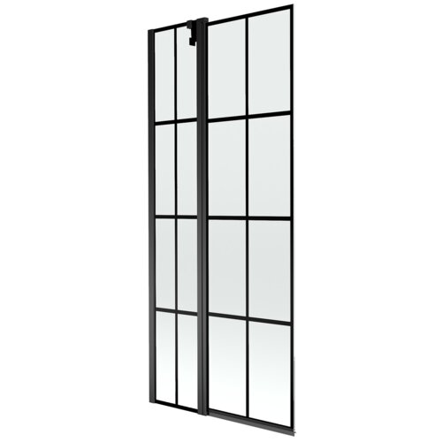 Dwuskrzydłowy parawan nawannowy z czarną kratką, wykonany ze szkła, z czarnymi ramami. Produkt ma prostokątny kształt i nowoczesny design.