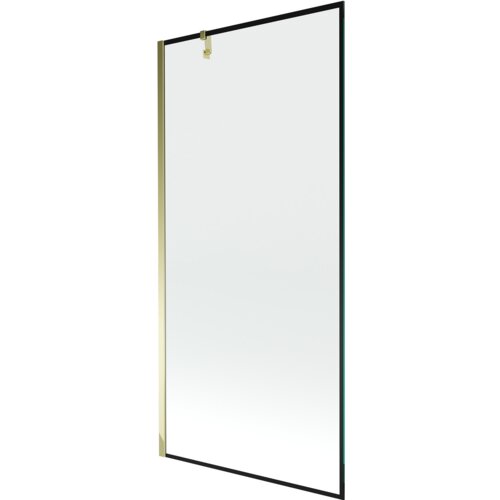 Przesłane zdjęcie przedstawia prostokątny parawan nawannowy z przezroczystego szkła, otoczony czarną ramką z elementami w kolorze złotym. Produkt ma minimalistyczny design i jest oznaczony jako "Mexen Next parawan nawannowy 1-skrzydłowy 100 x 150 cm, czarna ramka, złoty - 895-100-000-00-70-50".