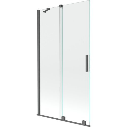 Przesłane zdjęcie przedstawia dwuskrzydłowy, rozsuwany parawan nawannowy o wymiarach 100 x 150 cm, wykonany z przezroczystego szkła z elementami w kolorze gun gray szczotkowanym. Produkt ma prostą konstrukcję z metalowymi uchwytami i mocowaniami.