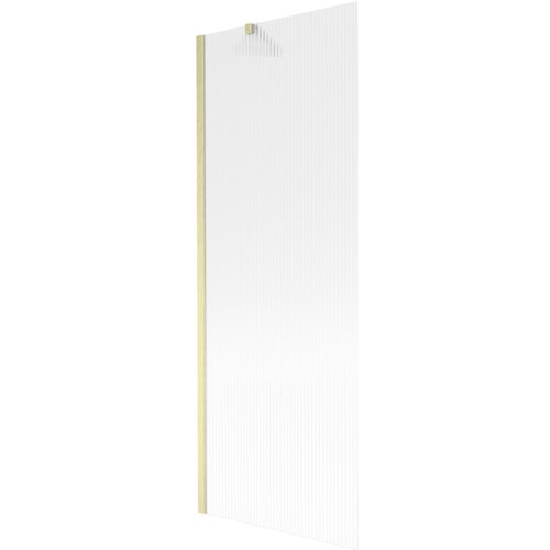 Przesłane zdjęcie przedstawia jednoskrzydłowy parawan nawannowy o wymiarach 70 x 150 cm z prążkowanym wzorem i złotym szczotkowanym wykończeniem. Produkt ma prostokątny kształt i widoczny jest uchwyt montażowy.