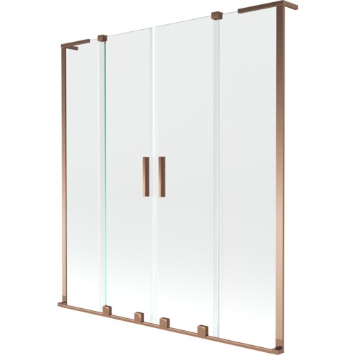 Przesłane zdjęcie przedstawia dwuskrzydłowy, rozsuwany parawan nawannowy o wymiarach 150 x 150 cm, wykonany z przezroczystego szkła z elementami w kolorze różowego złota. Parawan posiada dwa pionowe uchwyty umieszczone na środkowych panelach.