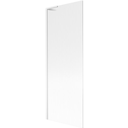 Przedstawiony jest biały, jednoskrzydłowy parawan nawannowy o wymiarach 70 x 150 cm z prążkowanym wzorem. Produkt ma prostą, nowoczesną formę i jest przeznaczony do montażu na wannie.
