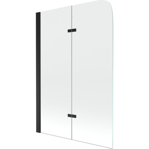 Dwuskrzydłowy, transparentny parawan nawannowy z czarnymi elementami mocującymi, o wymiarach 80 x 140 cm. Produkt ma zaokrąglone górne rogi i czarną pionową listwę po jednej stronie.