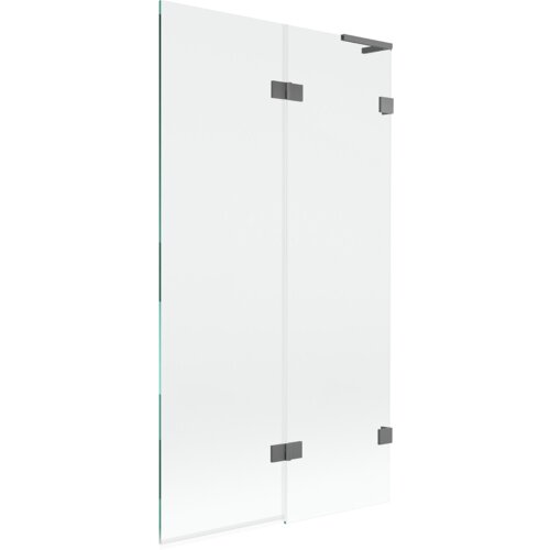 Na zdjęciu znajduje się dwuskrzydłowy, transparentny parawan nawannowy z metalowymi elementami w kolorze gun metal. Produkt ma prosty, nowoczesny design z widocznymi zawiasami i uchwytami.