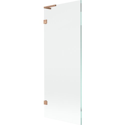 Przezroczysty parawan nawannowy z jednym skrzydłem, wykonany ze szkła, z elementami w kolorze szczotkowanej miedzi. Produkt ma prostokątny kształt i minimalistyczny design.