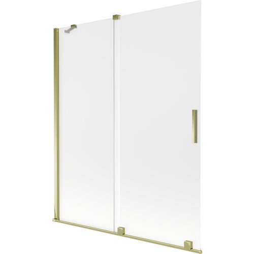Dwuskrzydłowy, rozsuwany parawan nawannowy o wymiarach 140 x 150 cm, wykonany z matowego szkła z elementami w złotym kolorze. Produkt ma prostokątny kształt z uchwytem na jednym ze skrzydeł.