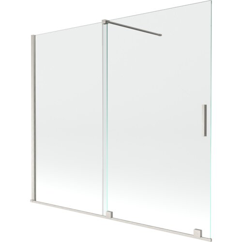 Dwuskrzydłowy, rozsuwany parawan nawannowy wykonany z przezroczystego szkła, z elementami w kolorze niklu szczotkowanego. Produkt ma prosty, nowoczesny design z metalowym uchwytem i wspornikiem.