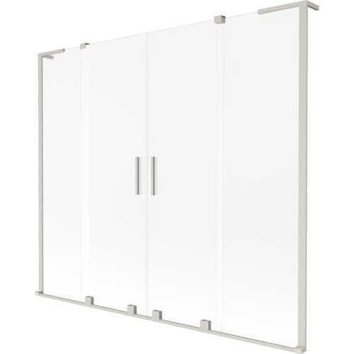 Na zdjęciu znajduje się dwuskrzydłowy, rozsuwany parawan nawannowy o wymiarach 180 x 150 cm, wykonany z matowego szkła i szczotkowanego niklu. Parawan posiada dwa pionowe uchwyty umieszczone na środku.