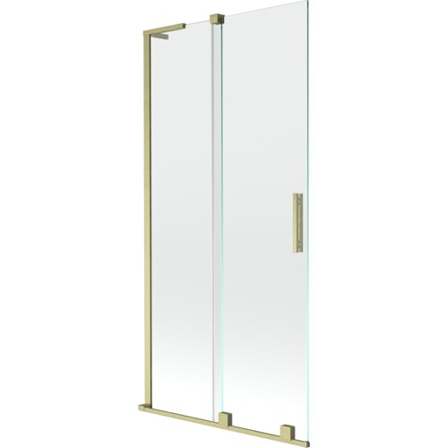 Dwuskrzydłowy, rozsuwany parawan nawannowy o wymiarach 95 x 150 cm, wykonany z transparentnego szkła z elementami w kolorze złotym szczotkowanym. Produkt ma prostokątny kształt z metalowymi uchwytami i ramą.