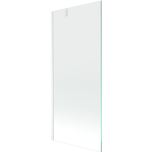 Przezroczysty parawan nawannowy o wymiarach 80 x 150 cm z białymi elementami mocującymi. Produkt jest jednoskrzydłowy i ma prosty, minimalistyczny design.