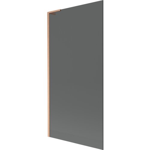 Na zdjęciu widoczny jest parawan nawannowy o wymiarach 90 x 150 cm, w kolorze grafitowym z elementami w odcieniu miedzi szczotkowanej. Produkt ma prostą, jednoskrzydłową konstrukcję.
