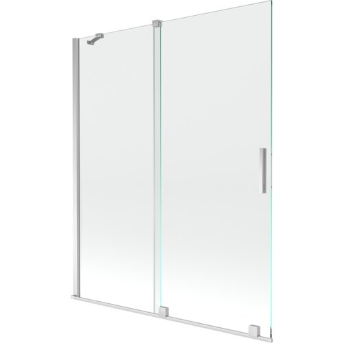 Przesłane zdjęcie przedstawia dwuskrzydłowy, rozsuwany parawan nawannowy o wymiarach 140 x 150 cm, wykonany z przezroczystego szkła z chromowanymi elementami. Produkt ma prosty, nowoczesny design z metalowymi uchwytami i mocowaniami.