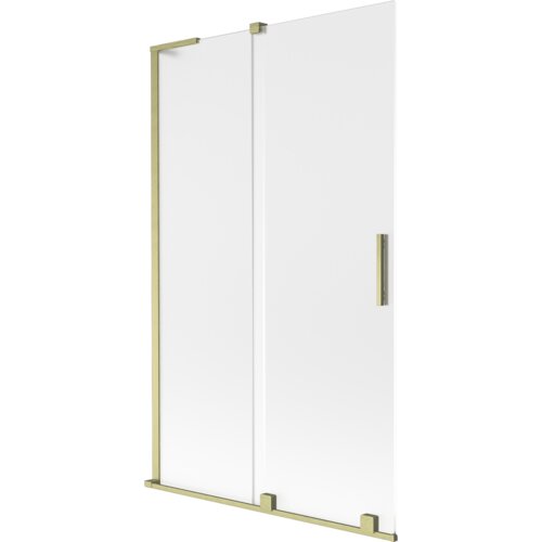 Dwuskrzydłowy, rozsuwany parawan nawannowy o wymiarach 110 x 150 cm, wykonany z matowego szkła z elementami w kolorze złotym szczotkowanym. Produkt ma prostokątny uchwyt i złote ramy na krawędziach.