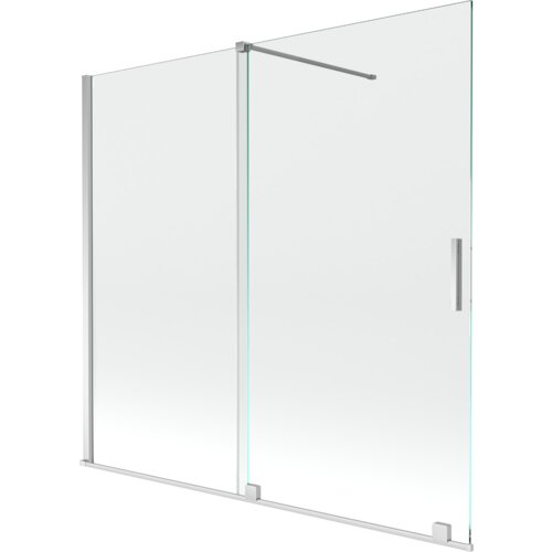 Na zdjęciu znajduje się przezroczysty, dwuskrzydłowy parawan nawannowy z chromowanymi elementami, w tym uchwytem i ramą. Produkt ma prosty, nowoczesny design i jest oznaczony jako "Mexen Velar parawan nawannowy 2-skrzydłowy rozsuwany 170 x 150 cm, transparent, chrom - 896-170-000-01-01".