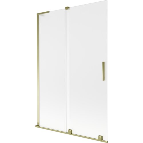 Dwuskrzydłowy, rozsuwany parawan nawannowy o wymiarach 120 x 150 cm, wykonany z matowego szkła z złotymi elementami wykończenia. Produkt ma prostokątny kształt i złoty uchwyt na jednym ze skrzydeł.