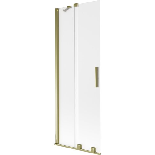 Dwuskrzydłowy, rozsuwany parawan nawannowy o wymiarach 75 x 150 cm, wykonany z matowego szkła z elementami w złotym kolorze. Produkt posiada prostokątny uchwyt oraz złote okucia.
