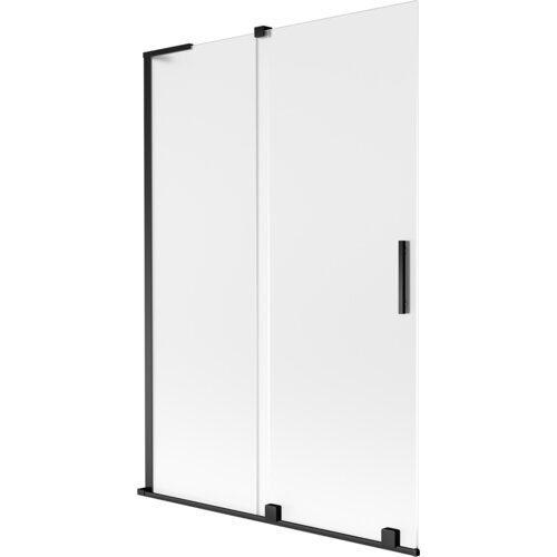 Dwuskrzydłowy, rozsuwany parawan nawannowy o wymiarach 120 x 150 cm, wykonany z matowego szkła z czarnymi elementami wykończenia. Produkt ma prostokątny kształt i wyposażony jest w pionowy uchwyt.