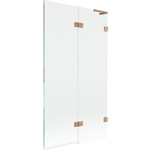 Dwuskrzydłowy parawan nawannowy o transparentnej powierzchni z miedzianymi, szczotkowanymi elementami mocującymi. Produkt ma wymiary 100 x 150 cm.
